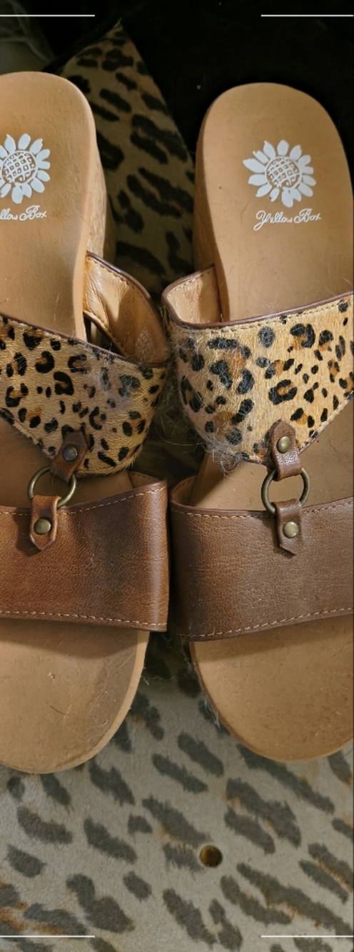 Yellow Box Brown Leather and Leopard Print Sandals